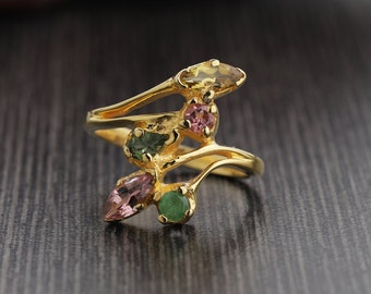 Natural Tourmaline Ring - Multi Tourmaline Ring - Gold Tourmaline Minimalist Ring - Stackable Ring - Ring For Women - Handmade Ring