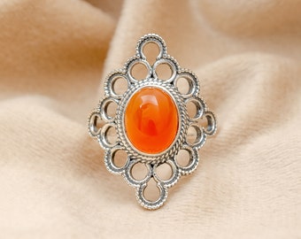 Handcrafted Carnelian Ring, 925 Sterling Silver Vintage Style Oval Gemstone, Bold Orange Stone, Boho Statement Jewelry, Unique Gift for Her