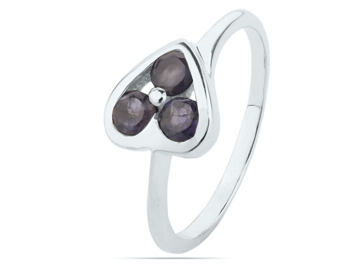 Stacking Ring Tiny Ring Minimalist 925 Solid Sterling Silver Ring Natural Iolite Stone Heart Design Silver Ring