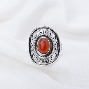 Carnelian Filigree Ring, Handmade Sterling Silver Boho Ring, 6x8mm Oval Orange Gemstone Jewelry, Vintage Style Ring for Women