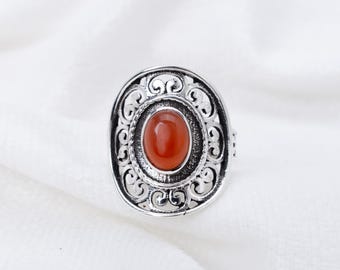 Carnelian Filigree Ring, Handmade Sterling Silver Boho Ring, 6x8mm Oval Orange Gemstone Jewelry, Vintage Style Ring for Women