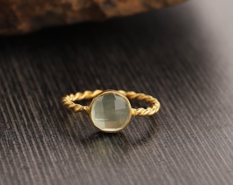 Natural Prehnite Gemstone Ring, Sterling Silver Yellow Gold Ring, Artisan Gift Ring, Stacking Ring ,Natural Prehnite Twisted Band Ring