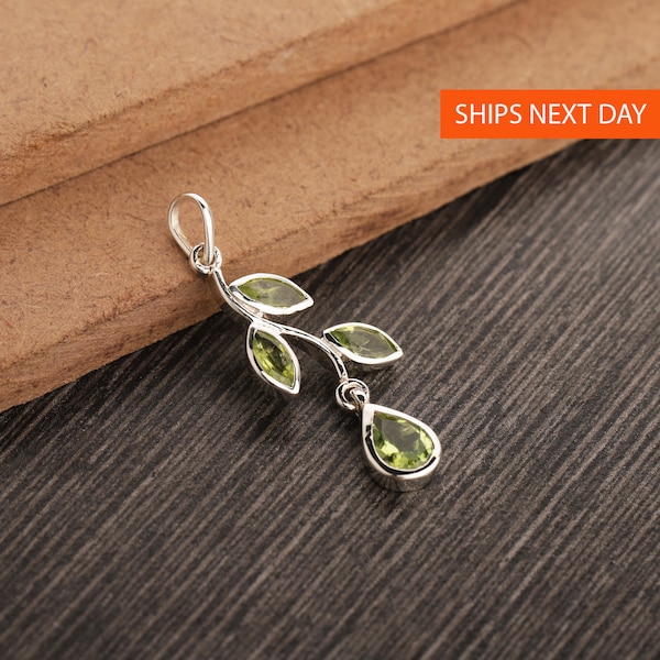 Leaf Peridot Pendant, Natural Green Peridot August Birthstone Pendant, 925 Sterling Silver, Unique Leaves Marquise Pendant Handmade