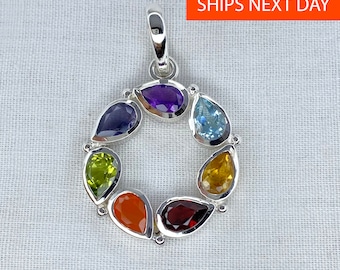 7 Chakras Stone Healing Handmade Pendant Necklace Jewelry with Real Gemstones, Solid 925 Sterling Silver for Women, Healing Crystal Necklace