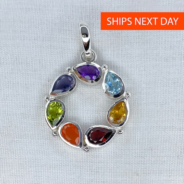 7 Chakras Steinheilung handgemachte Anhänger Halskette Schmuck mit echten Edelsteinen, Massiv 925 Sterling Silber für Frauen