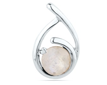 May include: A silver pendant with a teardrop design. The pendant features a round, light-colored stone held within the curved metal frame. The design is simple and elegant, suitable for everyday wear.