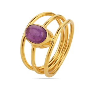 Amethyst Lila Stein Ring, 18 Gold Drei-Band-Ring, Cabochon Oval Ring, 925 Sterling Silber Stapelring, Birthstone Schmuck für Sie