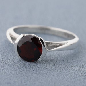 natural garnet ring round cut sterling silver solitaire engagement ring January birthstone red gemstone ring