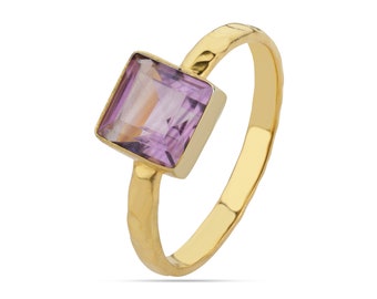 Dainty Gold Plated Natural Cut Amethyst Ring, Gold Stackable Ring, Tiny Stack Ring, Stacking Ring, February Birthstone Ring