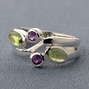 Oval Peridot Runder Amethyst Ring, Amethyst Peridot Silber Ring, Peridot Amethyst Edelstein Ring