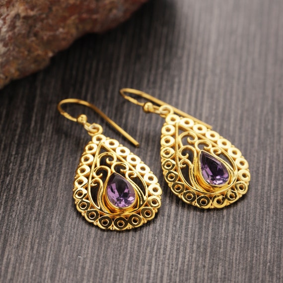 Amethyst Earrings Teardrop Shape Gold-plated Sterling Silver Amethyst Earrings Teardrop Shape Gold-plated Sterling Silver