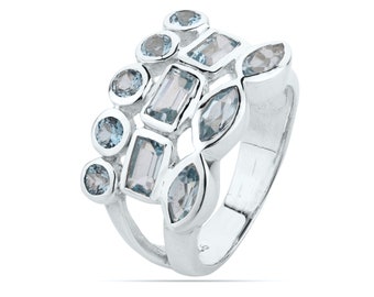 Anillo de plata de ley con topacio azul múltiple, talla 6 a 10