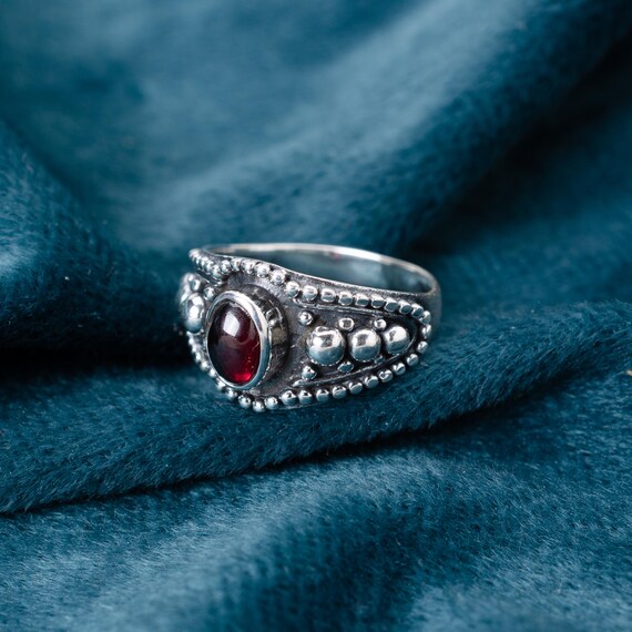 Handcrafted Garnet Ring, Sterling Silver Boho Ring, Vintage