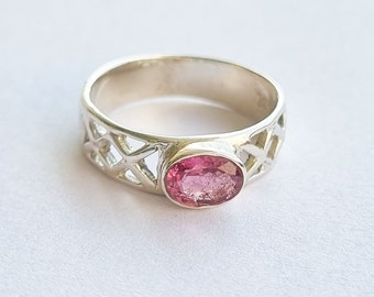 Pink Tourmaline Silver Ring - October Birthstone Ring, Pink Color Ring, Oval Tourmaline Stacking Ring - for Women Minimalist Jewelry