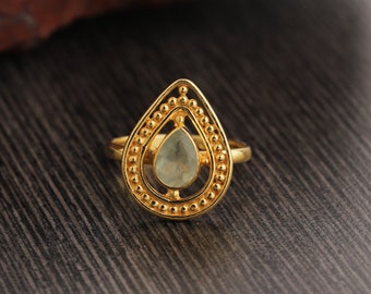 Natural Prehnite Gemstone Ring, Sterling Silver Gold Plated Ring, Artisan Gift, Stacking Ring ,Natural Prehnite Statement ring Handmade