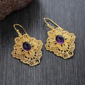 Natural Amethyst Earrings- Amethyst Gold Earrings-925 Sterling Silver Earrings-Oval Amethyst Designer Earrings-February Birthstone Earrings