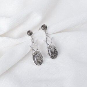 Elegant Black Rutile Earrings, Silver Dangle Earrings, Oval Gemstone Earrings, Rutilated Quartz earring, Statement Jewelry, Quartz Earrings