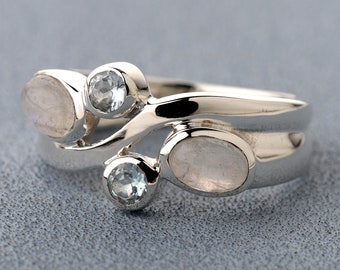 Rainbow Moonstone Ring, Blue Topaz Ring, Multi Gemstone Ring, Handmade Designer Ring, Women Ring, Promise Ring, Wedding Band, Christmas Ring