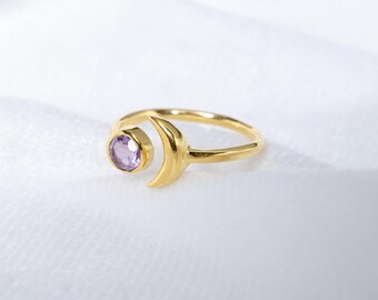 18k Gold Amethyst Moon Charm Ring, Minimalist Gemstone Ring, Engagement Band Ring, Promise Ring For Her, Handmade Ring, Christmas Gift