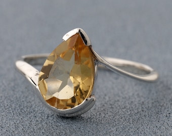 Anillo de citrino natural con forma de pera, anillo de citrino facetado, anillo único de citrino