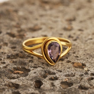 Natural Amethyst Ring, Sterling Silver Ring,Amethyst Ring, Gold Vermeil Ring, Natural Stone, Simple Ring, Handmade Ring, Pear Ring Cut Stone