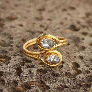 Blue Topaz Dual Two Stone Ring- 18k Gold Vermeil Blue Topaz Oval Ring- December Birthstone Gold Ring- Mothers Birthstone Adjustable Ring