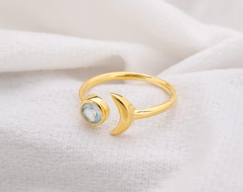 Pretty Blue Topaz 18k Gold Ring, Handmade 925 Sterling Silver Ring, Minimalist Moon Charm Ring, Engagement Ring, Anniversary Gift For Her