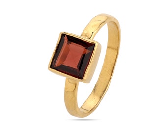 Anillo de granate natural, anillo de granate chapado en oro, anillo de granate en plata de ley, anillo de granate cuadrado, anillo de granate delicado