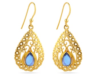 Labradorite Gold Dangle Earrings, Labradorite Teardrop Earrings, Gemstone Earring, Blue Flashy Labradorite Earrings