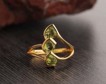 Peridot Heart Shape Ring,  925 Sterling Silver Peridot Gold Plated Ring