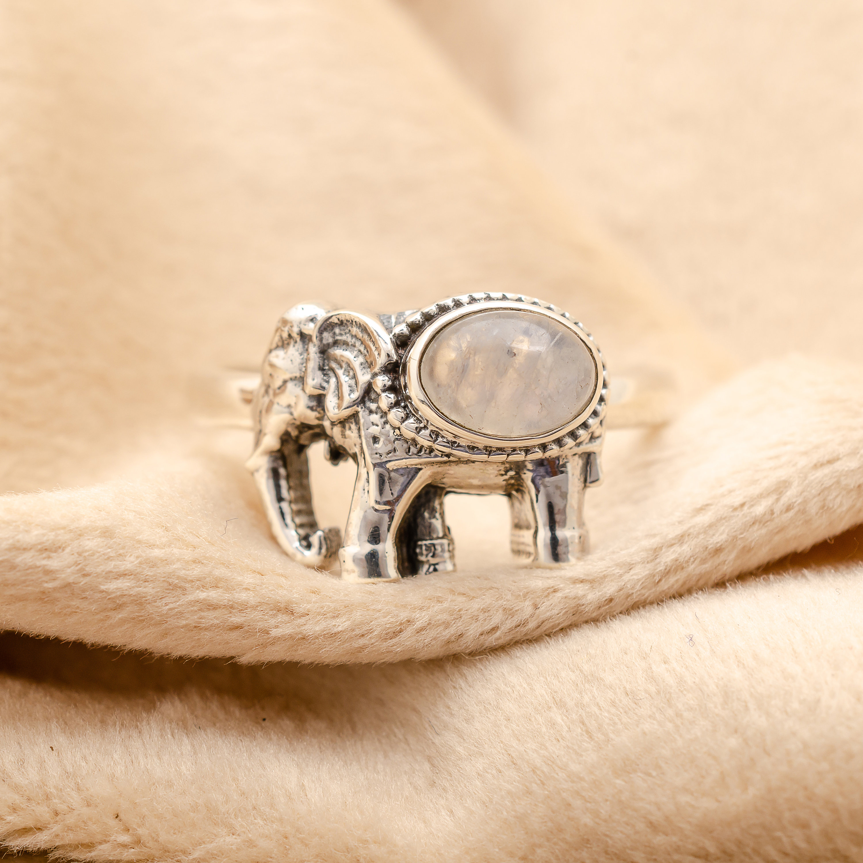 Sterling Silver Elephant Ring With Rainbow Moonstone