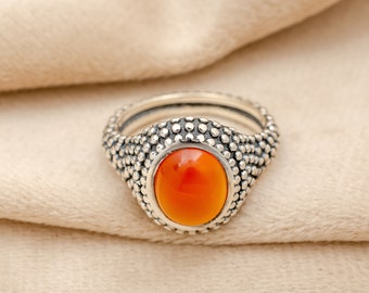 Fiery Carnelian Ring in Sterling Silver, Handcrafted Vintage-Inspired Boho Jewelry, Bold Red Gemstone Statement Ring, Perfect Gift for Her