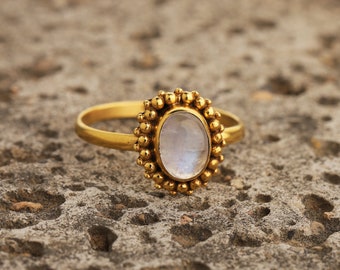 Rainbow Moonstone Ring Gold, June Birthstone Ring, Solitaire Ring, Gemstone Ring, Oval Ring, Gift For Her, Boho Ring 18k Gold Plated Ring