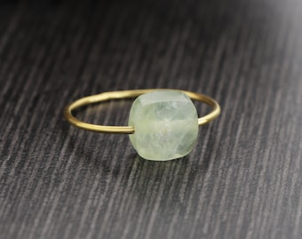 Natural Prehnite Gemstone Ring, Sterling Silver Yellow Gold Ring, Artisan Gift Ring, Stacking Ring ,Natural Prehnite Gemstone Ring Jewelry