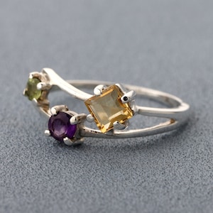 Multi Gemstone ring, Citrine, Amethyst And Peridot Gemstone Ring, Stackable Ring, 925 Sterling Silver Handmade Ring, Birthday Gift For Wife