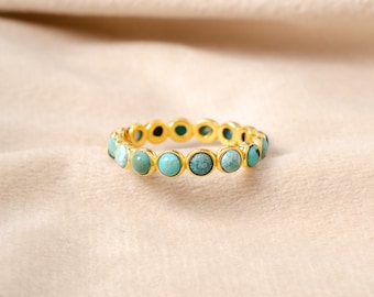 18K Gold Turquoise Gemstone Ring, Round Ring, Dainty Minimalist Jewelry, Band Ring, Handmade Turquoise Jewelry, Anniversary Gift For Her