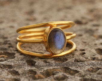 Genuine Blue Fire Labradorite Ring, Oval Labradorite Ring, Blue Gemstone Ring, Oval Shape Ring, 18 Gold Plated Ring, Gif For Her, Gift Idea