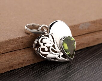 Ciondolo in peridoto naturale, ciondolo in peridoto in argento sterling con ciondolo a forma di cuore