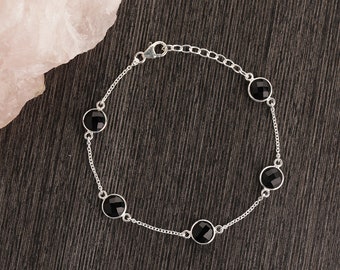 Black Onyx Round Bezel Setting Handmade 925 Sterling Silver Bracelet, Black Onyx Bracelet, Cut Stone Bracelet 7.5&#39;&#39; Length