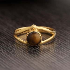 Tiger Eye Ring, Tiger Eye Gold plated Ring, Handmade Ring, 925 Sterling Silver Gemstone Ring, Round Tiger Eye Stone Ring
