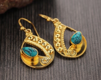 Natural Turquoise Earrings, Boho Earrings, Drop Earrings Gold, Gemstone Earrings, Gift for Her, Turquoise Dangle Earrings, Jewelry Trends