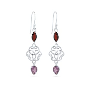 Natural Amethyst and Garnet Gemstone Earring 925 Sterling Silver Amethyst Earrings Garnet Marquise Gemstone Earrings