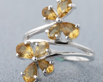 Flower Citrine Ring, 925 Citrine Pear Ring, Citrine Gemstone Ring, Multi Citrine Faceted Ring, Designer Citrine Ring