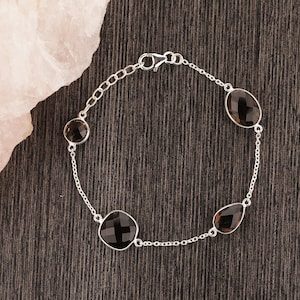 Pulseira de prata esterlina 925 de quartzo esfumaçado - Pulseira de corrente - Pulseira de pedras preciosas de topázio esfumaçado