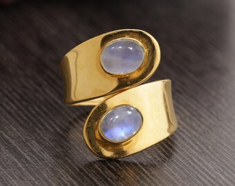 Rainbow Moonstone Ring - Open Ring - Gold Moonstone Ring - 925 Sterling Silver Moonstone Oval Ring - Band Ring - Spoon Ring Gift For Her