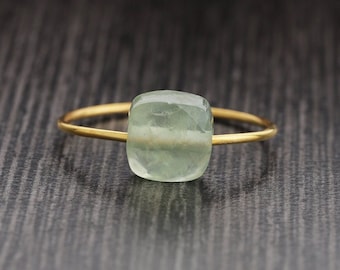 Natural Prehnite Gemstone Ring, Sterling Silver Yellow Gold Ring, Artisan Gift Ring, Stacking Ring ,Natural Prehnite Gemstone Ring Jewelry