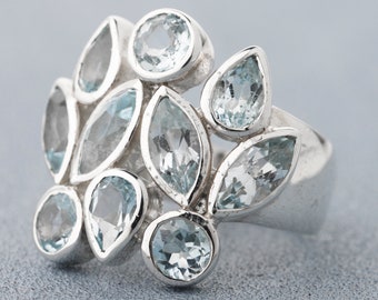 Anel de topázio azul, anel de prata com pedras preciosas, anéis de prata 925, anel oval de topázio azul de 4 x 6 mm, anel de topázio, anéis femininos, anel de prata com topázio azul