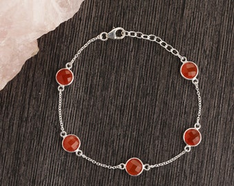 EvaDane Natural Carnelian Gemstone Tibetan Bead Lotus Charm Stretch Bracelet