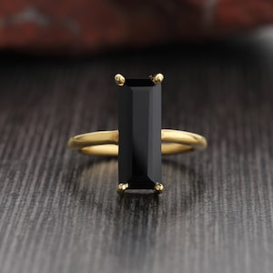 Natural Black Onyx Ring, Rectangle Bar Gemstone Ring, 18k Gold Plated, 925 Sterling Silver Ring, Handmade Ring, Anniversary Gift For Wife