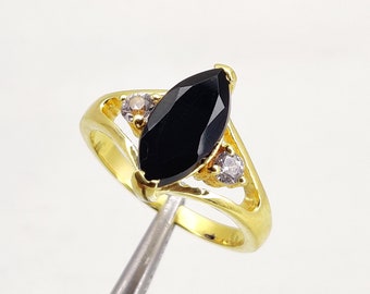 Black Onyx Gold Plated White CZ Ring, Marquise Black Onyx Gemstone Sterling Silver Gold Ring